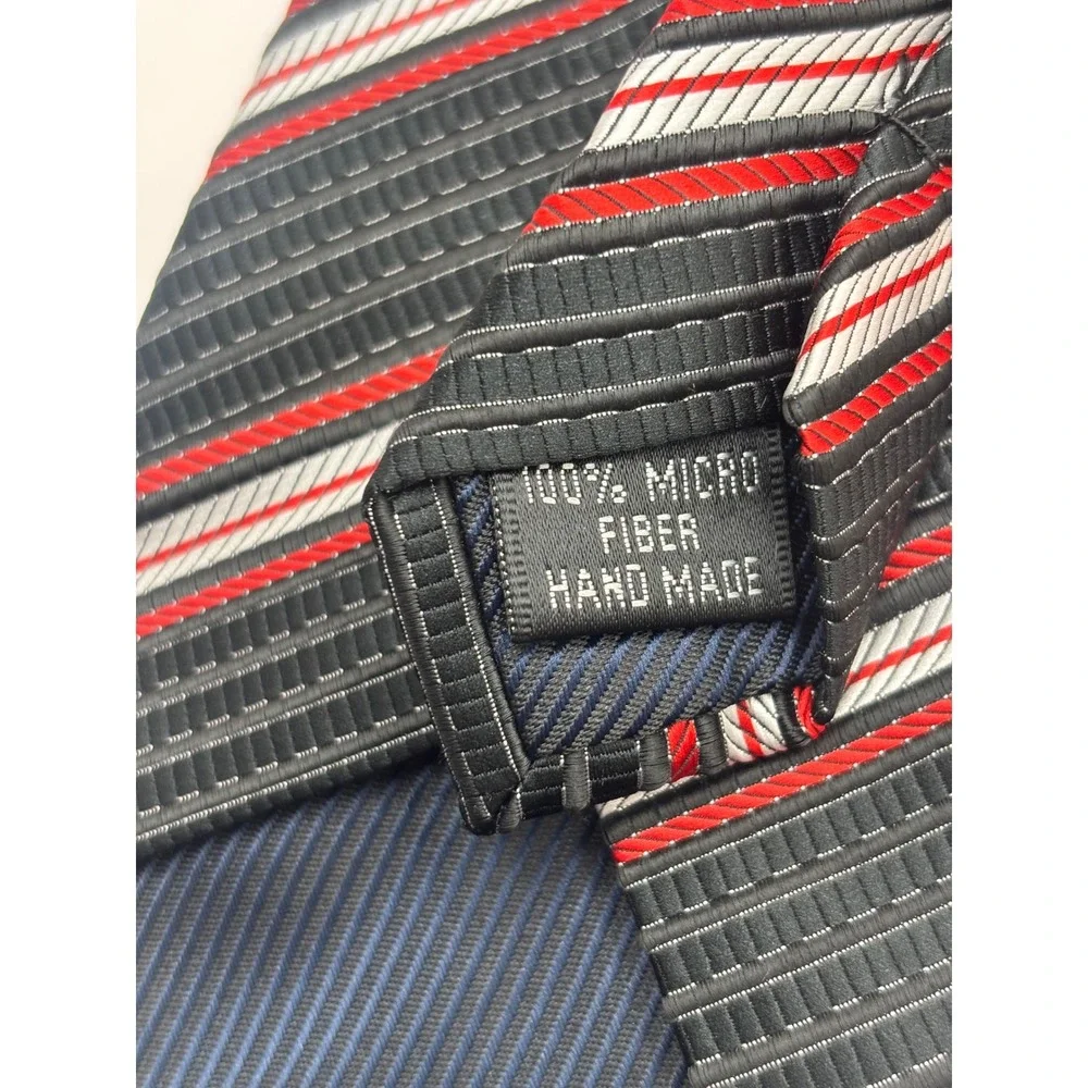 Angelino Mens Necktie Black Red White Diagonal Striped Hand Made Microfiber 1608
